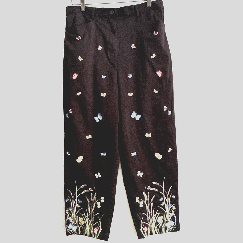 Talbots Embroidered Butterfly Women Size 14 Black High-Waisted Pants